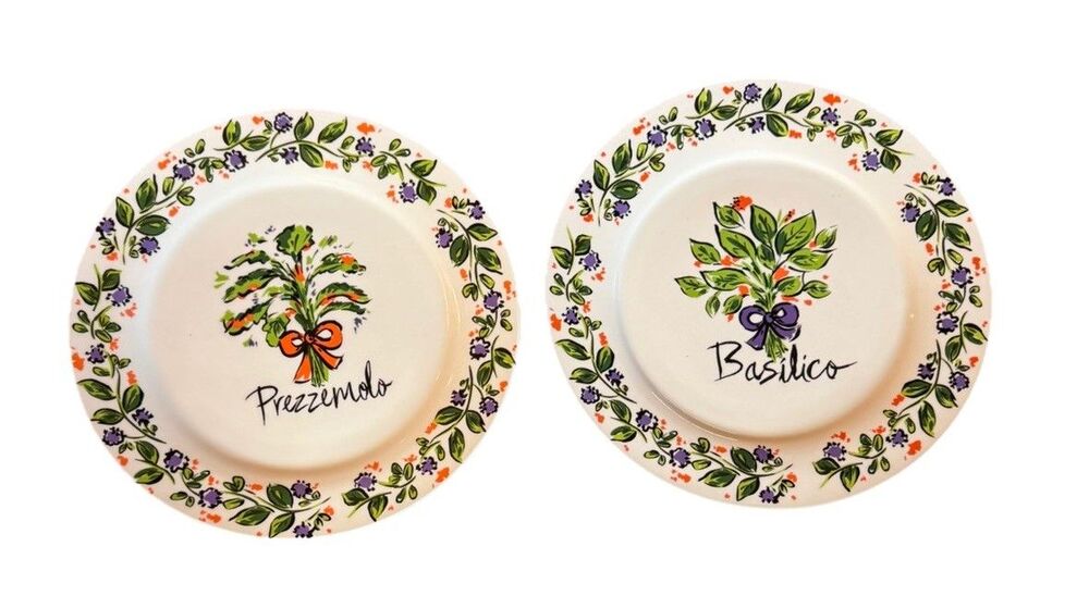 2 Tabletops Ribbon Herbs Large Dinner Plates Purple Orange Green Black